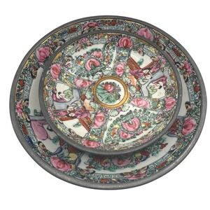 Vintage ACF Japanese Porcelain Rose Medallion Pewter Encased Bowl 5.5" & 8"